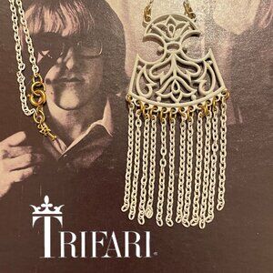 Vintage *TRIFARI* White Enamel Tassel Medallion Pendant Necklace! Gorgeous!